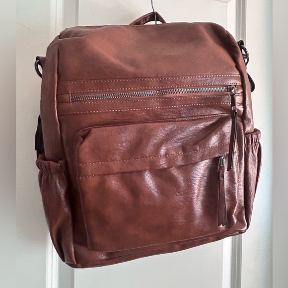 Convertible brown faux leather PU backpack purse NEW vintage leather look roomy - Picture 8 of 11